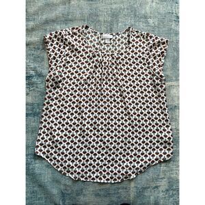 Liz Claiborne Ivory Black Tan Pleated Neck Button Shoulder Patterned Blouse L